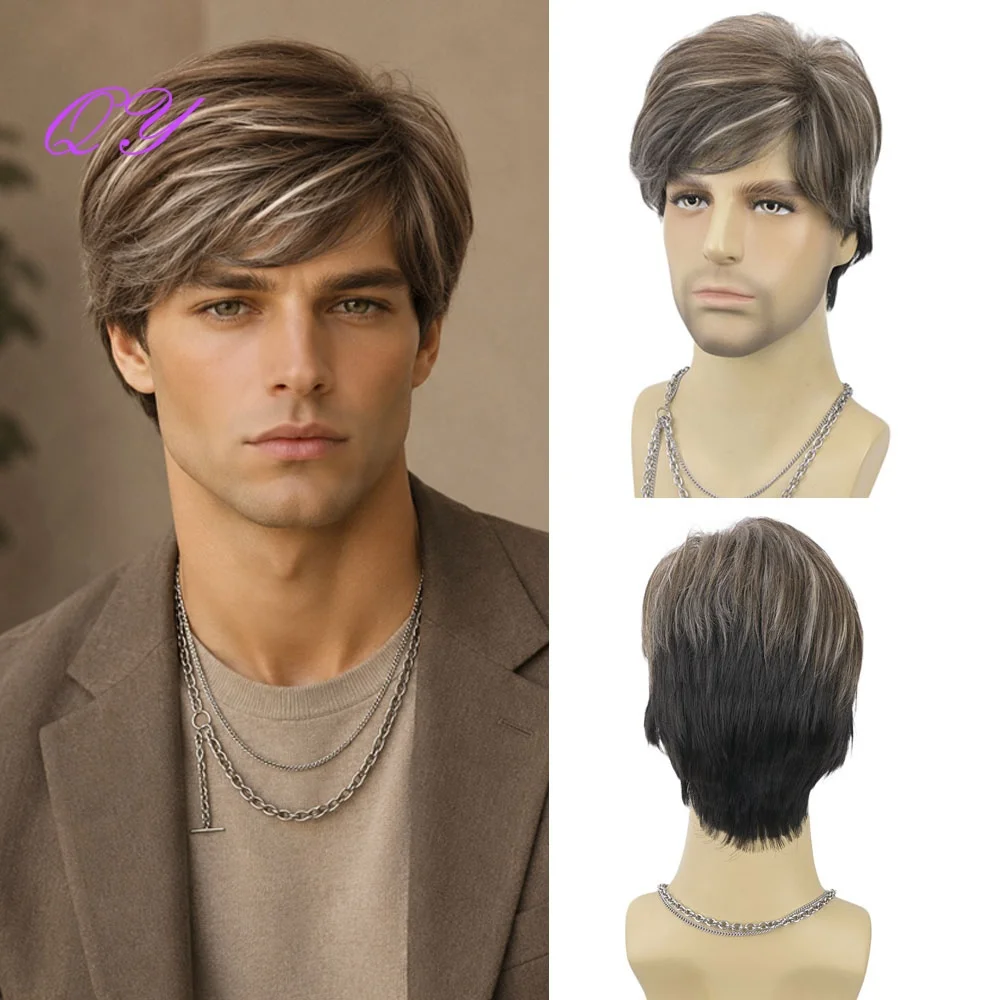 Men Synthetic Short Ombre Wig Brown Blonde Streaks Gradient Black Side Fringe Full Wig Daily Halloween Cosplay Shooting
Men Synthetic Short Ombre Wig Brown Blonde Streaks Gradient Black Side Fringe Full Wig Daily Halloween Cosplay Shooting