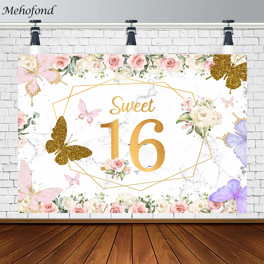 Sweet 16 Year Girl Birthday Backdrop Glitter Golden Butterfly Flowers Marble Photography Background Party Photo Poster Photocall
Sweet 16 Year Girl Birthday Backdrop Glitter Golden Butterfly Flowers Marble Photography Background Party Photo Poster Photocall