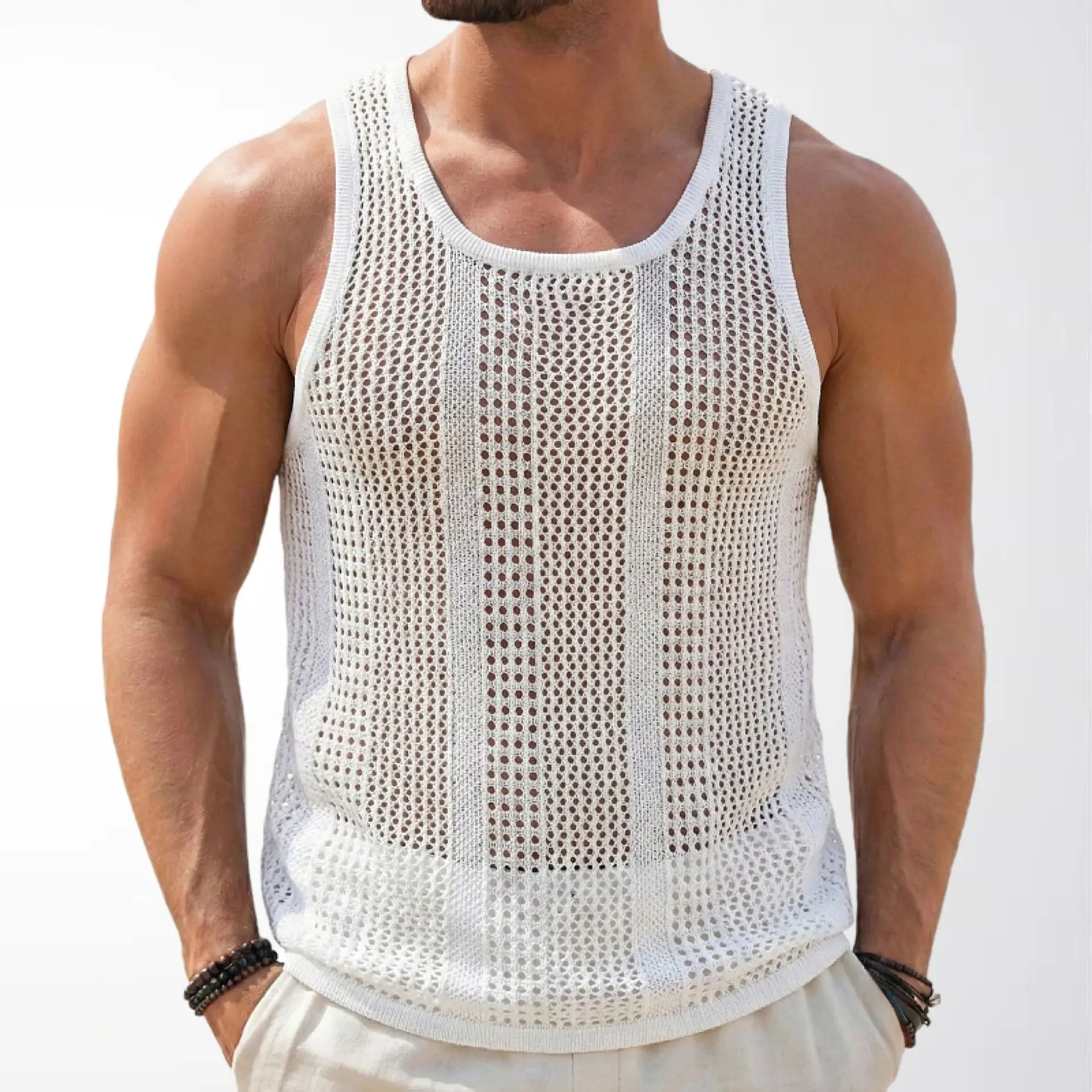Новая мужская летняя тонкая майка без рукавов в европейском и американском стиле - белая сетчатая спортивная рубашка с вырезами
Новая мужская летняя тонкая майка без рукавов в европейском и американском стиле - белая сетчатая спортивная рубашка с вырезами