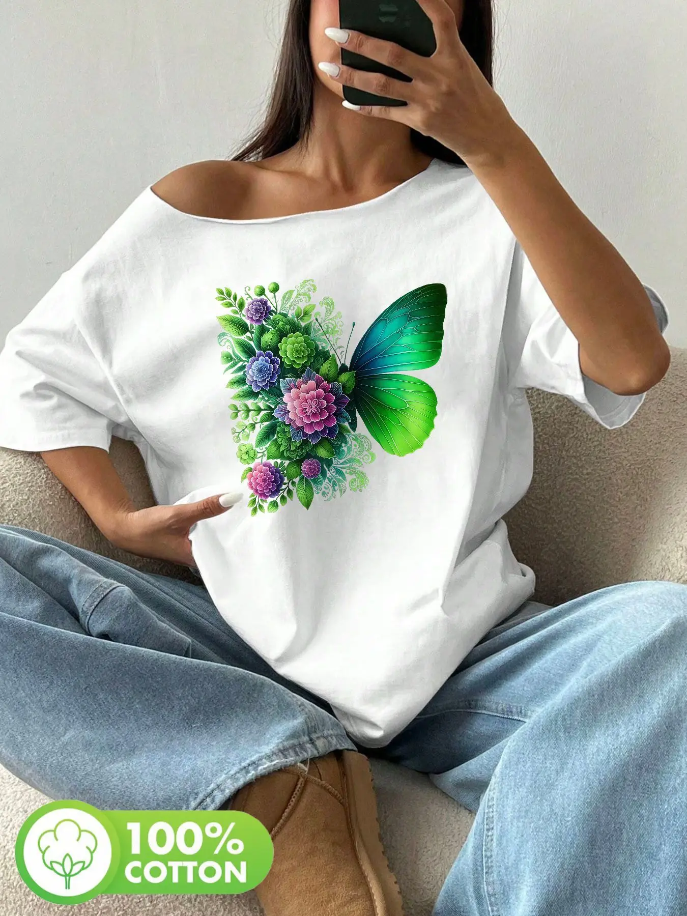 Plus Size 100% Cotton Shoulder Loose Print T-Shirt Oversized Y2K Style Graphic Tees Women Tops Summer Off The Shoulder Top Fl
Plus Size 100% Cotton Shoulder Loose Print T-Shirt Oversized Y2K Style Graphic Tees Women Tops Summer Off The Shoulder Top Fl