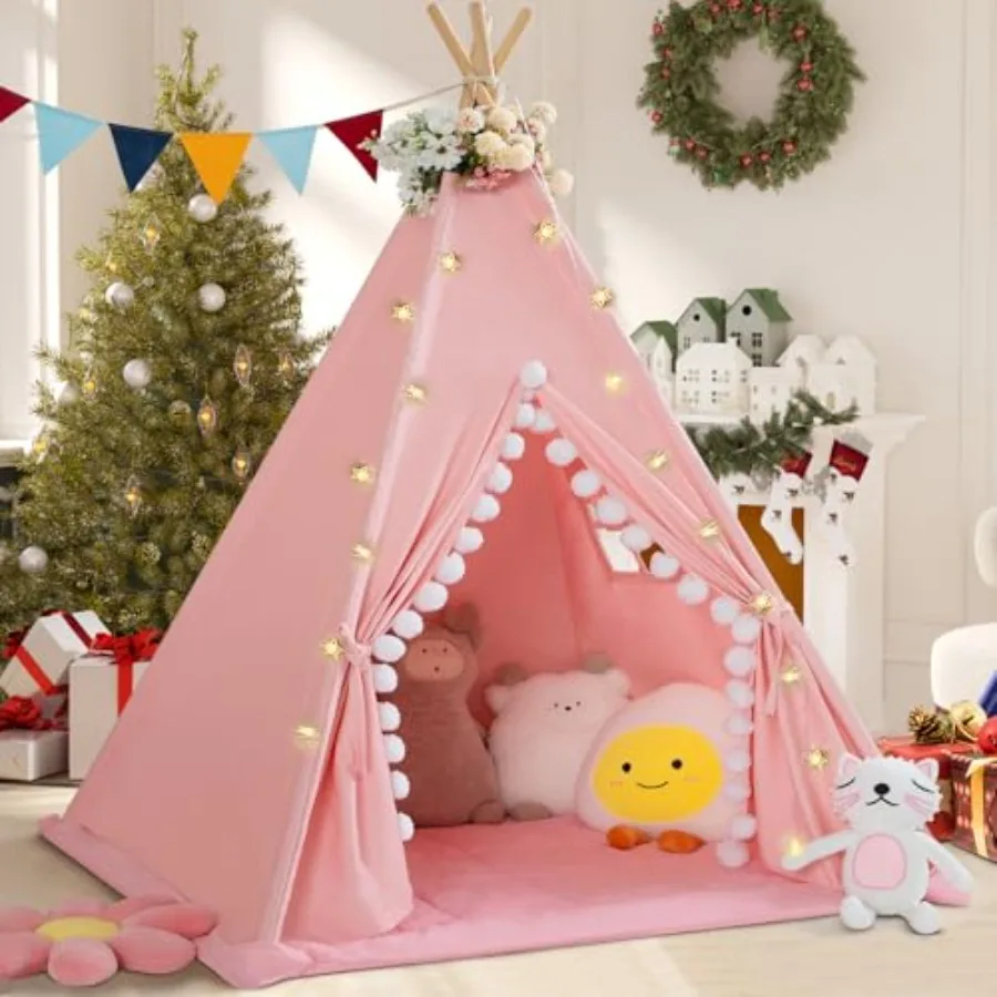 Indoor play tent for toddlers with padded mat, cotton canvas material, beige color, star lights and pompom trim for girls and b
Indoor play tent for toddlers with padded mat, cotton canvas material, beige color, star lights and pompom trim for girls and b