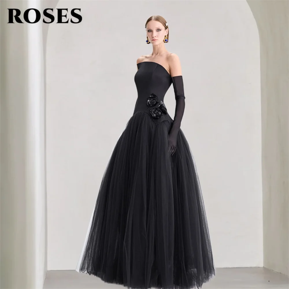 ROSES Black 프롬 드레 Strapless Sleeveless Prom Gown Tulle Hem A Line Party Dresses for Formal Event 3D Flowers Elegant Customized
ROSES Black 프롬 드레 Strapless Sleeveless Prom Gown Tulle Hem A Line Party Dresses for Formal Event 3D Flowers Elegant Customized