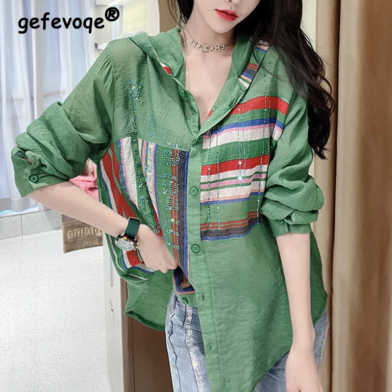 Korean Fashion Women Rhinestone Striped Print Streetwear Button Shirts Blouses Casual Loose Chic Long Sleeve Hooded Tops Clothes
Korean Fashion Women Rhinestone Striped Print Streetwear Button Shirts Blouses Casual Loose Chic Long Sleeve Hooded Tops Clothes