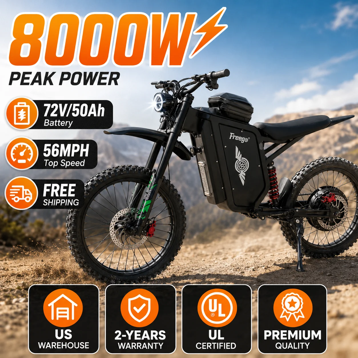 Freego X3 Electric Dirt Bike 8000W 56MPH Off Road Electric Mountain Motorcycle 230 N·m Torque Full Suspension Hydraulic Brake
Freego X3 Electric Dirt Bike 8000W 56MPH Off Road Electric Mountain Motorcycle 230 N·m Torque Full Suspension Hydraulic Brake
