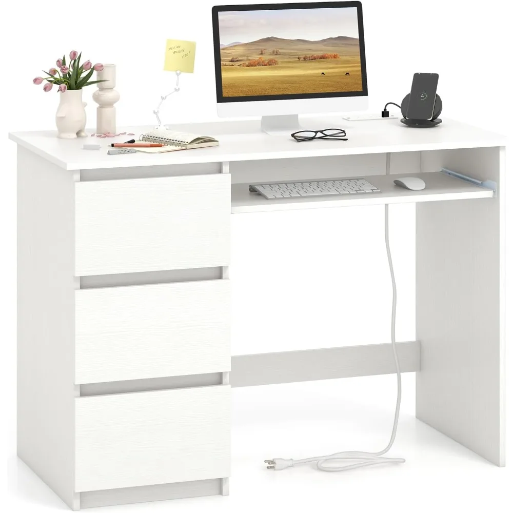 White office desk with drawers, modern computer desk with charging station and keyboard tray, laptop workstation
White office desk with drawers, modern computer desk with charging station and keyboard tray, laptop workstation