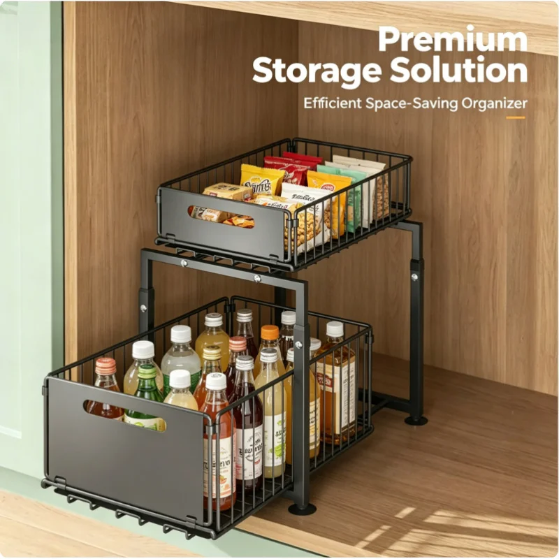 2 Tier Slide Out Under Sink Storage Rack Basket Kitchen Cabinet Organizer for Spice Bottle Can Snack
2 Tier Slide Out Under Sink Storage Rack Basket Kitchen Cabinet Organizer for Spice Bottle Can Snack