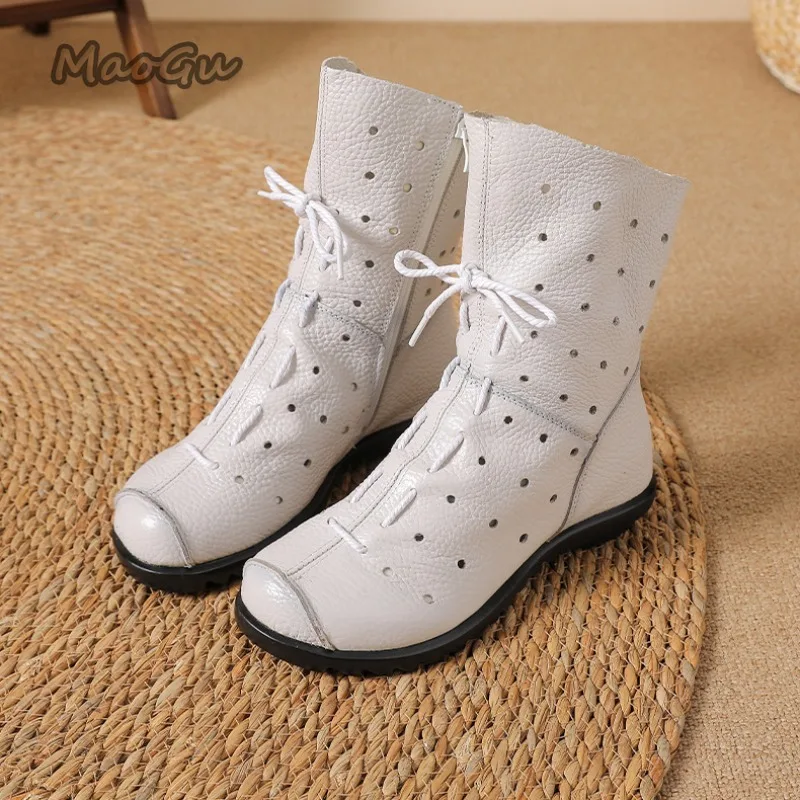 Women's Genuine Leather Hollow-out Mid-Calf Summer Boots Lace-Up Vintage Short Boots Breathable Comfortable Casual Shoes Female
Women's Genuine Leather Hollow-out Mid-Calf Summer Boots Lace-Up Vintage Short Boots Breathable Comfortable Casual Shoes Female