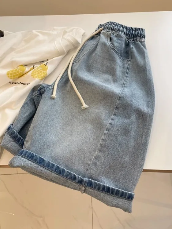 Waed Light Blue High Waist Straight Leg Casual Jeans orts Women's Summer Elastic Waist Loose Fit Five-Quarter Length
Waed Light Blue High Waist Straight Leg Casual Jeans orts Women's Summer Elastic Waist Loose Fit Five-Quarter Length