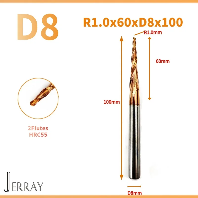 JERRAY R1.0x60xD8x100mm HRC55 2Flutes Tungsten solid carbide Tapered Ball Nose End Mills 2D 3D Carving Bits Milling cutter
JERRAY R1.0x60xD8x100mm HRC55 2Flutes Tungsten solid carbide Tapered Ball Nose End Mills 2D 3D Carving Bits Milling cutter