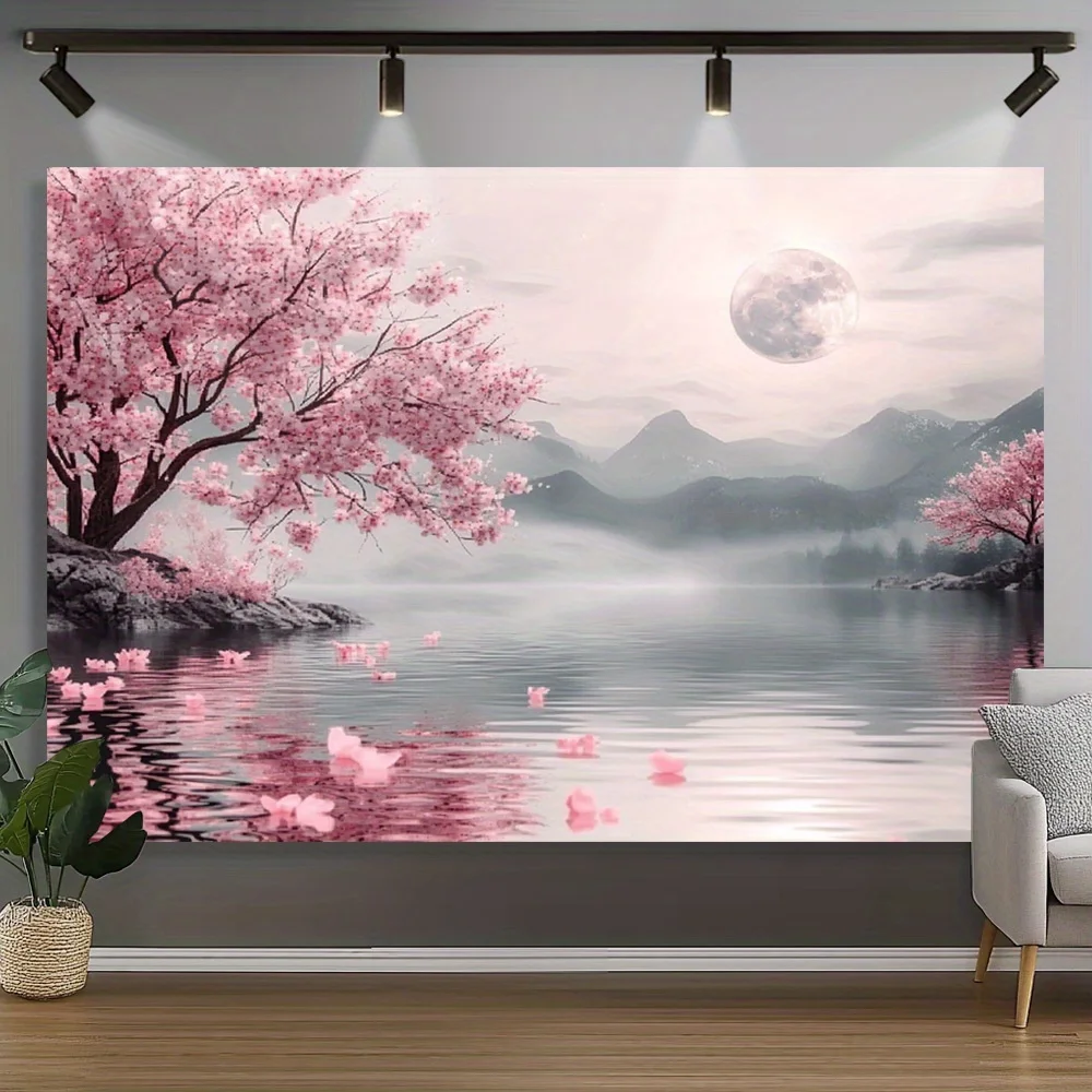 Pink cherry blossom tree and lake scene tapestry, machine washable polyester, suitable for bedroom and living room decoration.
Pink cherry blossom tree and lake scene tapestry, machine washable polyester, suitable for bedroom and living room decoration.