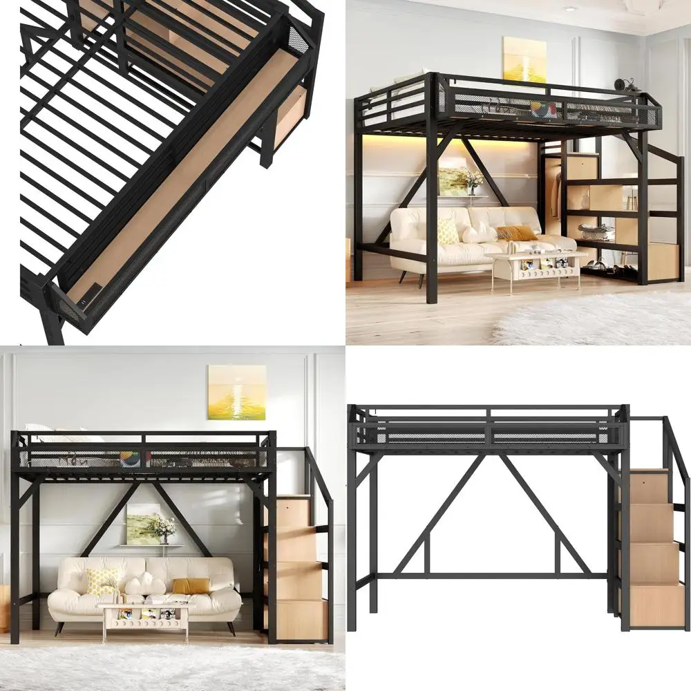 Stylish Metal Bed with Stairs, Built-in Wardrobe, Storage Shelves, USB Ports, LED Lights for Adults, Kids, Teens
Stylish Metal Bed with Stairs, Built-in Wardrobe, Storage Shelves, USB Ports, LED Lights for Adults, Kids, Teens