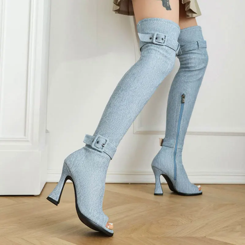 Denim Jeans Blue Peep Toe High Heels Women Boots Over knees Platform Mature Buckle Strap Punk Over-the-knee Botas Shoes
Denim Jeans Blue Peep Toe High Heels Women Boots Over knees Platform Mature Buckle Strap Punk Over-the-knee Botas Shoes