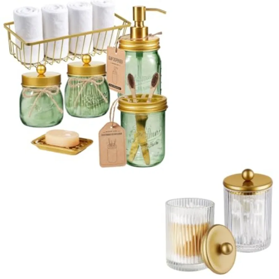 Ribbed Glass Qtip Holder Dispenser Countertop Vanity Canisters and 6 Mason Jar Bathroom Accessories Set Hand Soap Dispenser Too
Ribbed Glass Qtip Holder Dispenser Countertop Vanity Canisters and 6 Mason Jar Bathroom Accessories Set Hand Soap Dispenser Too