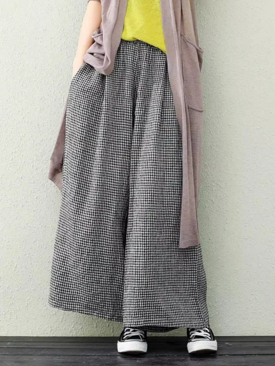 Широкие брюки с высокой талией, женские повседневные льняные брюки, летние свободные талии с клетчатым узором, универсальные брюки High Street Sle
Широкие брюки с высокой талией, женские повседневные льняные брюки, летние свободные талии с клетчатым узором, универсальные брюки High Street Sle