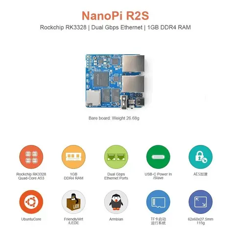NanoPi R2S LTS (1G DDR4 RAM) Rockchip RK3328, Quad Cortex-A53, Dual 1000M Ethernet-Ports, USB3.0, OpenWRT, U-Boot, Ubuntu-Core