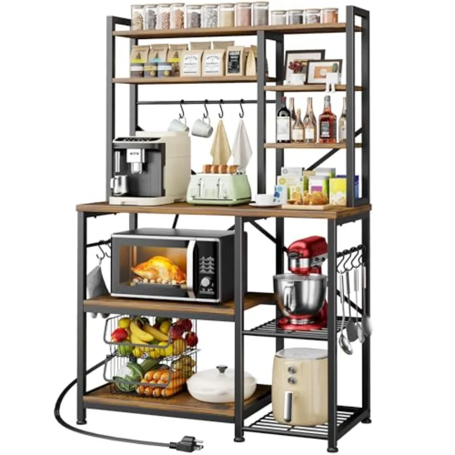 Baker's Rack with Power Outlet - Brown Kitchen Storage Rack with 12 Hooks and Shelves for Coffee Bar Microwave Stand Pantry Org
Baker's Rack with Power Outlet - Brown Kitchen Storage Rack with 12 Hooks and Shelves for Coffee Bar Microwave Stand Pantry Org