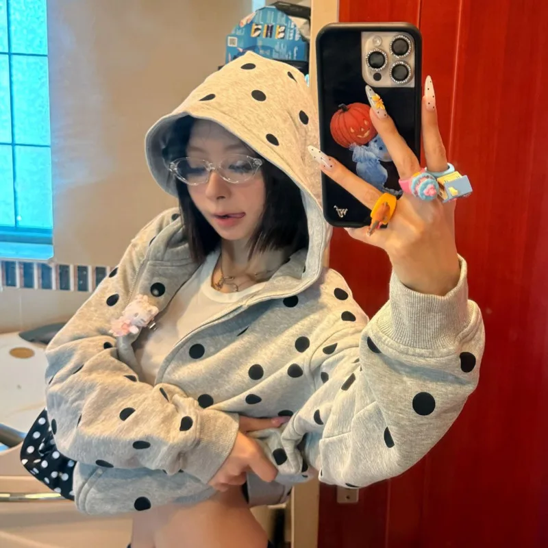 New Trendy Polka Dot Print Long Sleeve Hooded Cardigan Sweatshirt For Women Spring Autumn Fashion Gray Daily Commute Jacket Top
New Trendy Polka Dot Print Long Sleeve Hooded Cardigan Sweatshirt For Women Spring Autumn Fashion Gray Daily Commute Jacket Top