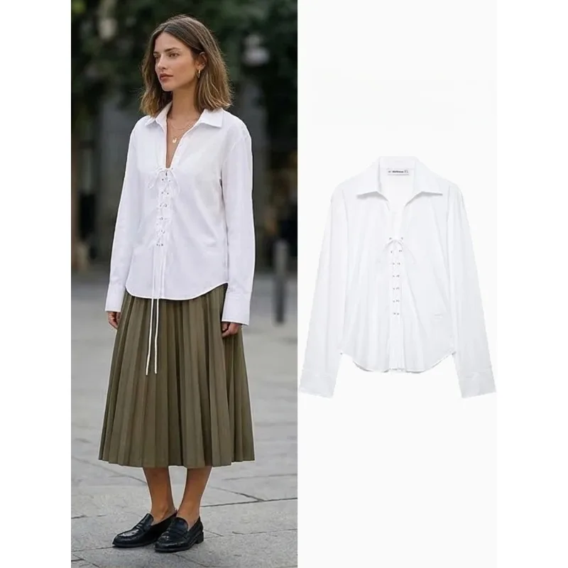 FANAN Women Fashion White Bandage Lace Up Blouse Vintage Lapel Neck Long Sleeves Female Chic Lady Shirts
FANAN Women Fashion White Bandage Lace Up Blouse Vintage Lapel Neck Long Sleeves Female Chic Lady Shirts