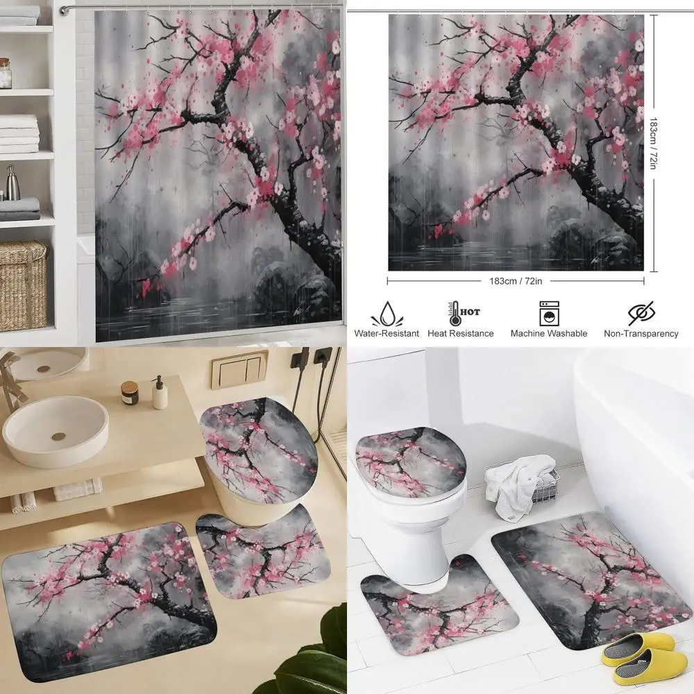 Vintage Japanese Cherry Blossom Shower Curtain Set with Matching Rugs, Mats, and Toilet Lid Cover
Vintage Japanese Cherry Blossom Shower Curtain Set with Matching Rugs, Mats, and Toilet Lid Cover