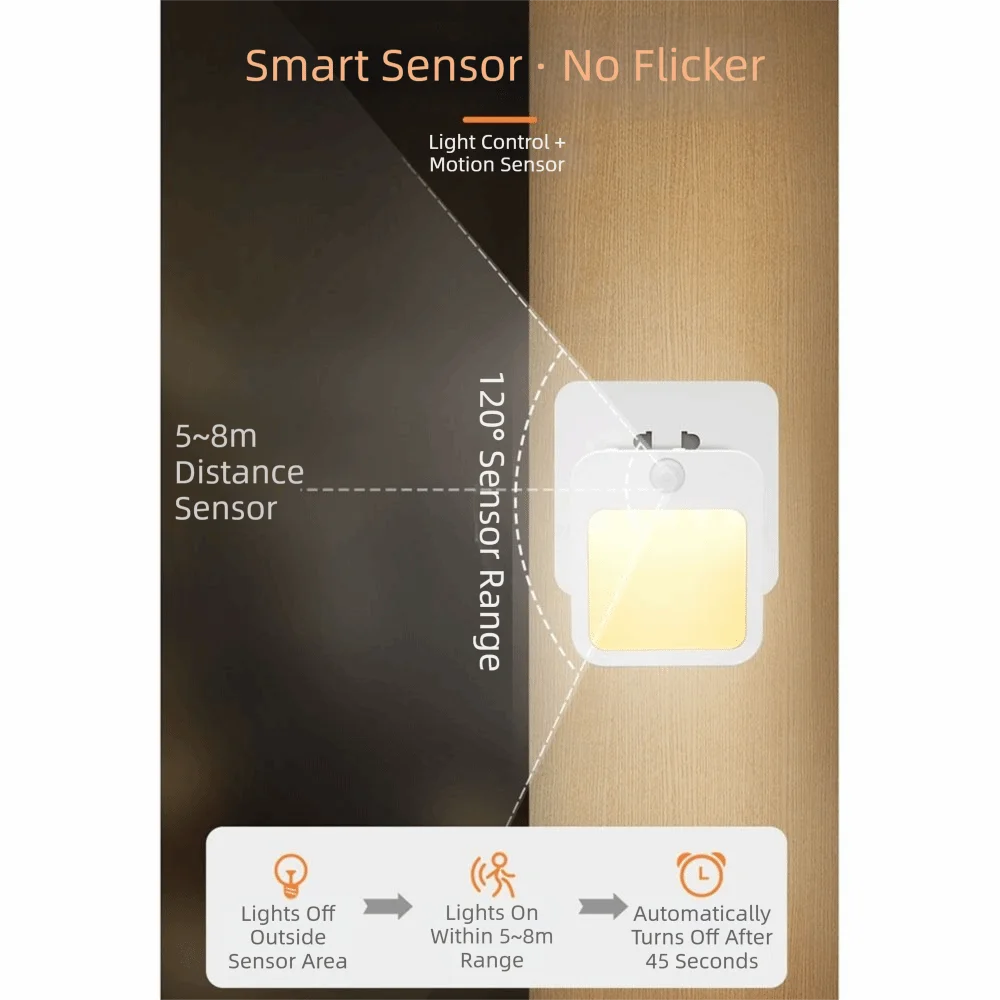 Warm White Light Plug-in LED Night Light Adjustable Brightness Stepless Dimming Motion Sensor Night Light Energy Efficient
Warm White Light Plug-in LED Night Light Adjustable Brightness Stepless Dimming Motion Sensor Night Light Energy Efficient
