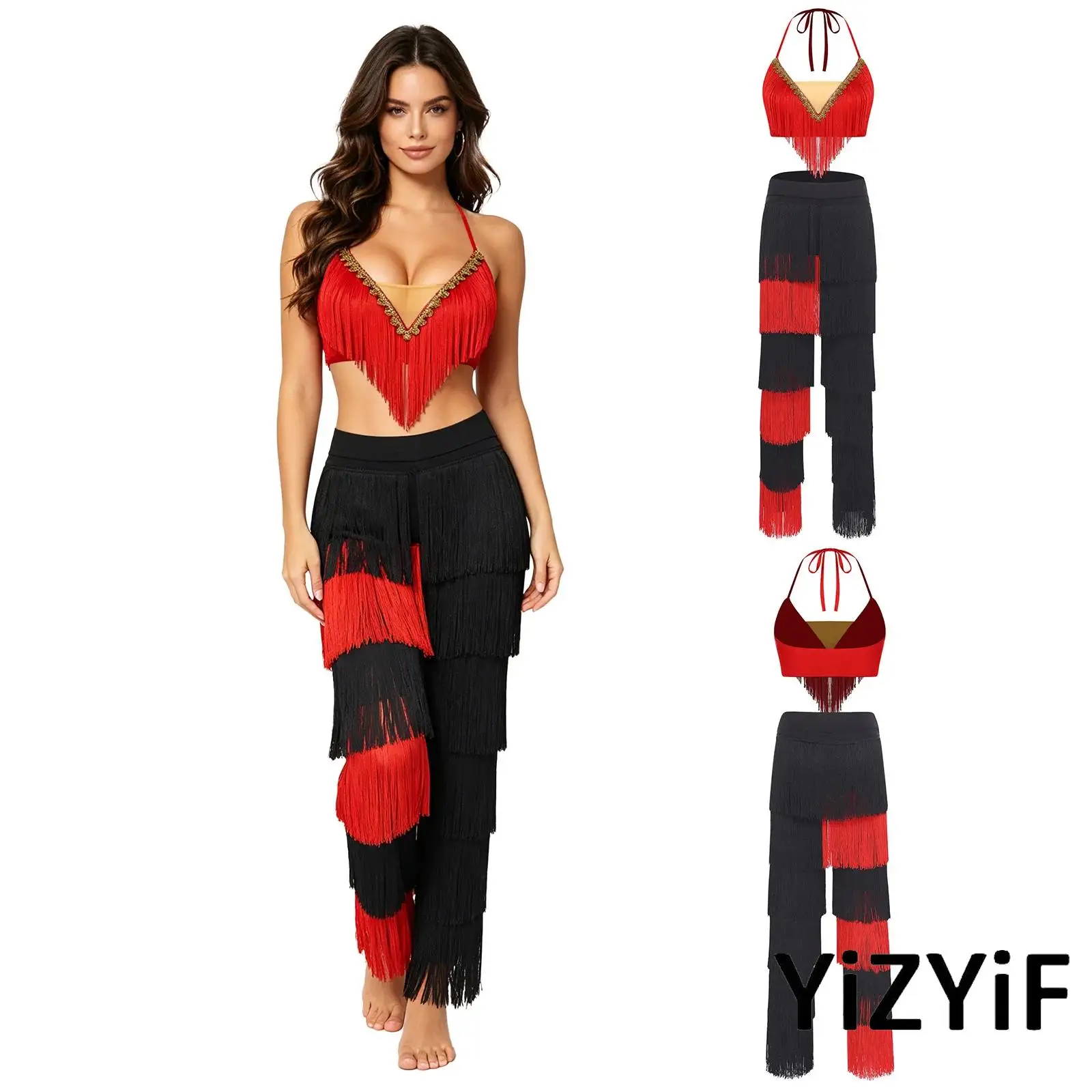 Elegant Women Latin Ballroom Dance Tassel Outfit Lace-up Halter Gold Trim Crop Top with Elastic Waistband Contrast Color Pants
Elegant Women Latin Ballroom Dance Tassel Outfit Lace-up Halter Gold Trim Crop Top with Elastic Waistband Contrast Color Pants
