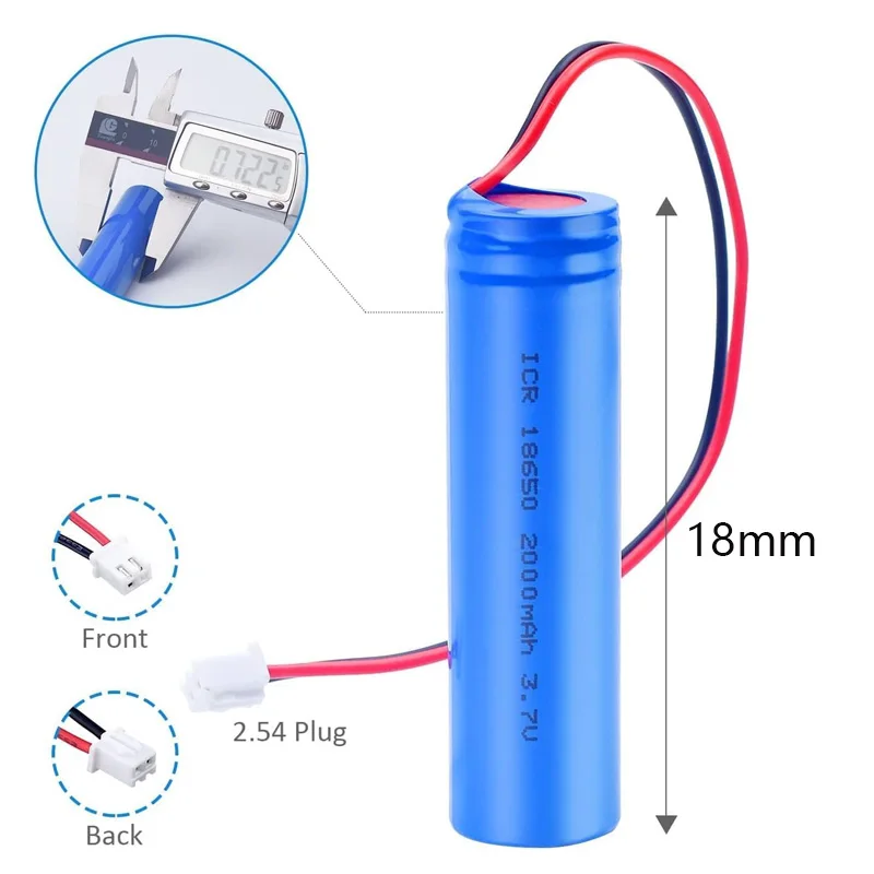 Rechargeable 18650 Lithium Battery 3.7V 2000mAh with PCB Protection PH2.0-2P Connector for LED Light Bluetooth Speaker Fishing
Rechargeable 18650 Lithium Battery 3.7V 2000mAh with PCB Protection PH2.0-2P Connector for LED Light Bluetooth Speaker Fishing