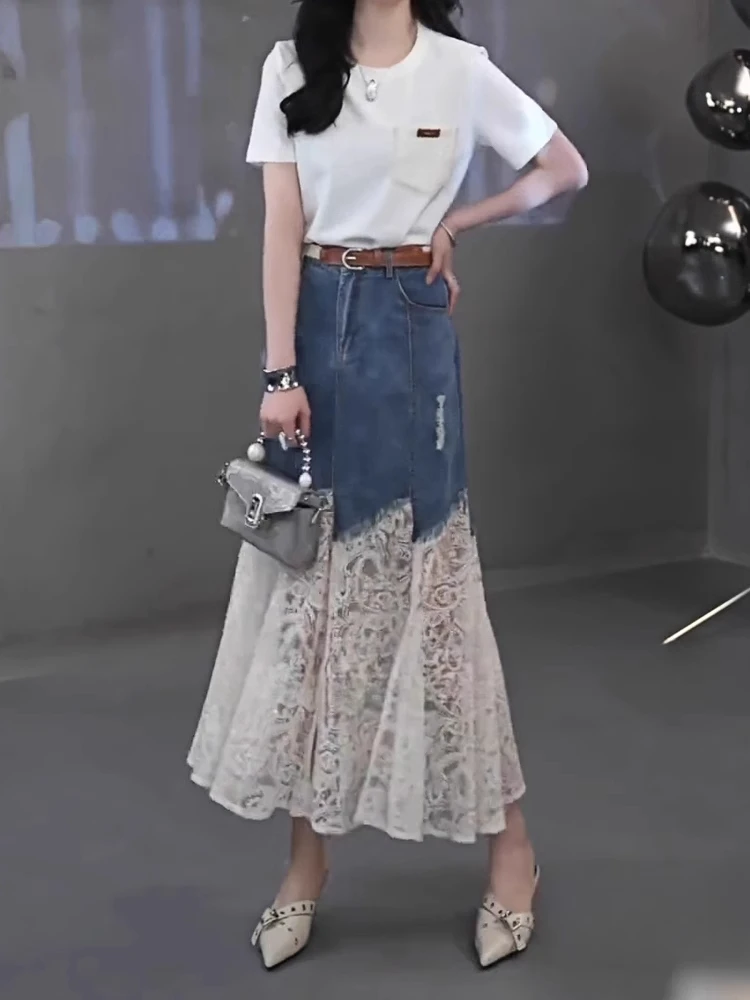 Fashionable Lace Splice Denim Half Skirt Slimming Waist Design High Waist A-Line Midi Skirt Polyester Spandex Blend Summer 2026
Fashionable Lace Splice Denim Half Skirt Slimming Waist Design High Waist A-Line Midi Skirt Polyester Spandex Blend Summer 2026