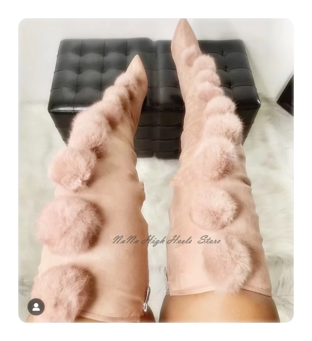 Fur Ball Pointed Toe Over The Knee Women Boots Stiletto High Heels Side Zipper Design Large Size Customized Elastic Fabric Shoes
Fur Ball Pointed Toe Over The Knee Women Boots Stiletto High Heels Side Zipper Design Large Size Customized Elastic Fabric Shoes