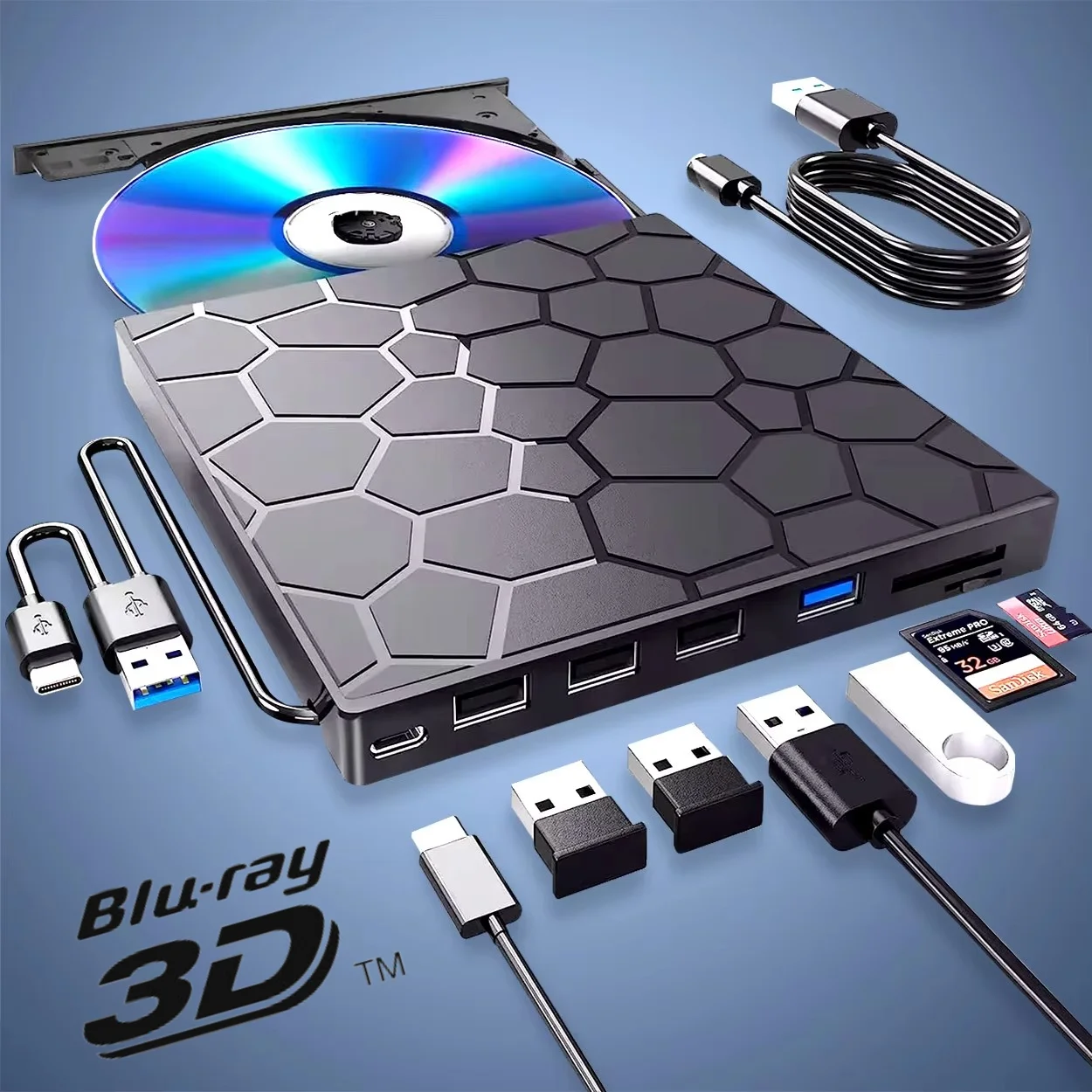 Внешний Blu-ray-рекордер 7-в-1 USB 3.0 Type-C, тонкий оптический привод Blu-ray/DVD с кардридером SD/TF и 2 портами USB 3.0, совместимый
Внешний Blu-ray-рекордер 7-в-1 USB 3.0 Type-C, тонкий оптический привод Blu-ray/DVD с кардридером SD/TF и 2 портами USB 3.0, совместимый