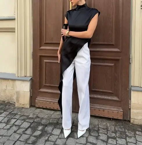 Top Women 2025 Summer New Satin Solid Color High Neck Sleeveless Fashion Asymmetrical Hem Casual Daily Longline Top
Top Women 2025 Summer New Satin Solid Color High Neck Sleeveless Fashion Asymmetrical Hem Casual Daily Longline Top