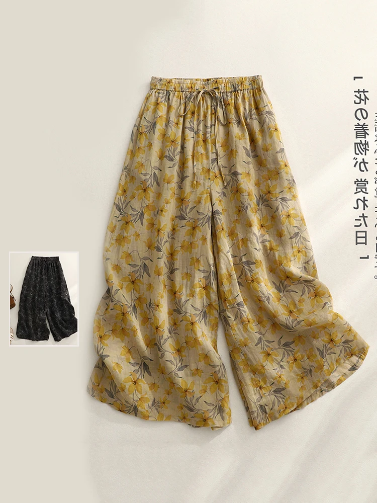 Retro Print Linen Wide Leg Pants plus Size Women's Elastic Waist Belted Slimming Linen Casual Straight Nine Point Trousers
Retro Print Linen Wide Leg Pants plus Size Women's Elastic Waist Belted Slimming Linen Casual Straight Nine Point Trousers