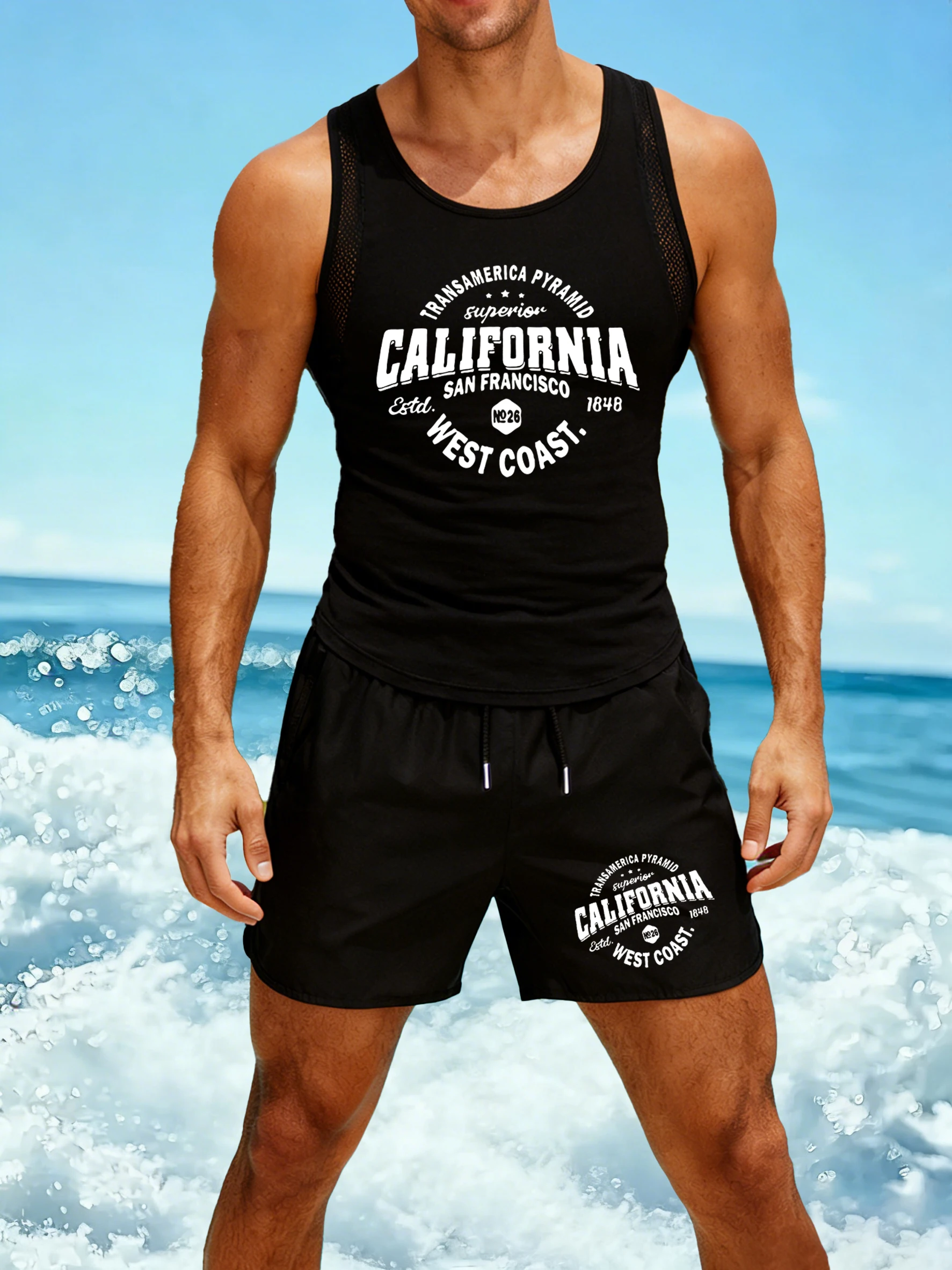 California Sanfrancisco Weat Coast Printed Men Reticular Vest Suit Basics Singlets Fashion Drawstring Shorts Unisex Sports Set
California Sanfrancisco Weat Coast Printed Men Reticular Vest Suit Basics Singlets Fashion Drawstring Shorts Unisex Sports Set