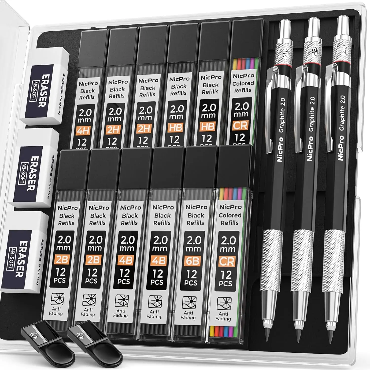 2mm Metal Mechanical Pencil Set with Case, 3 Pencils, 144 Lead Refills, Eraser, Sharpener for Drafting and Drawing
2mm Metal Mechanical Pencil Set with Case, 3 Pencils, 144 Lead Refills, Eraser, Sharpener for Drafting and Drawing