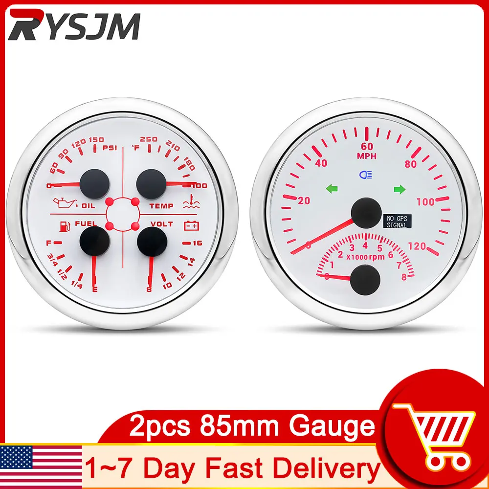 HD 2pcs White Gauge Set 85mm GPS Speedometer 120PH W/ Tachometer 85mm Fuel Water Temp Oil Pressure Gauge PSI From USA Warehouse
HD 2pcs White Gauge Set 85mm GPS Speedometer 120PH W/ Tachometer 85mm Fuel Water Temp Oil Pressure Gauge PSI From USA Warehouse