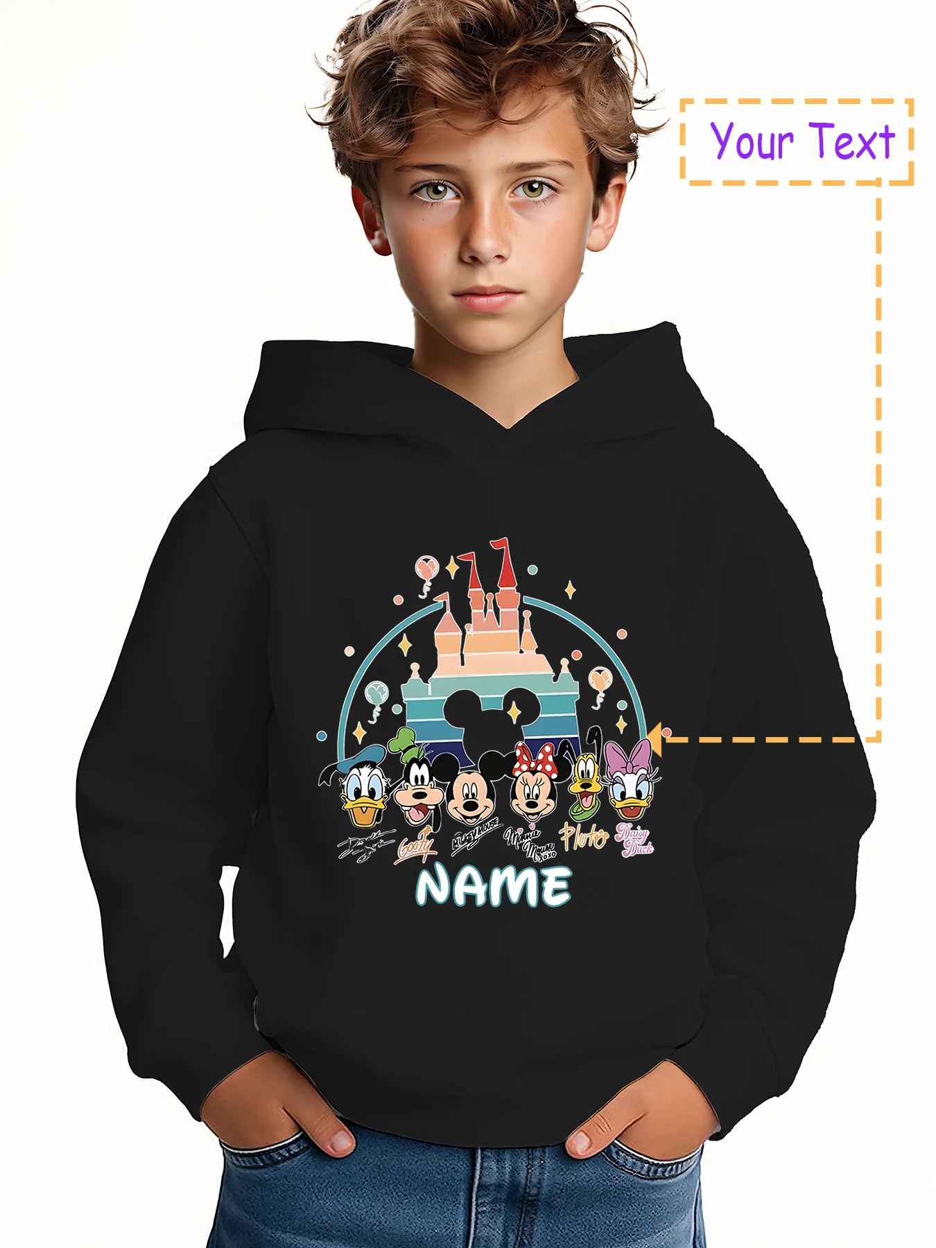 MINISO Disney Castle Character Hoodie - Featuring a Disney castle and classic characters, this cozy "NAME" design is perfect for 
MINISO Disney Castle Character Hoodie - Featuring a Disney castle and classic characters, this cozy "NAME" design is perfect for