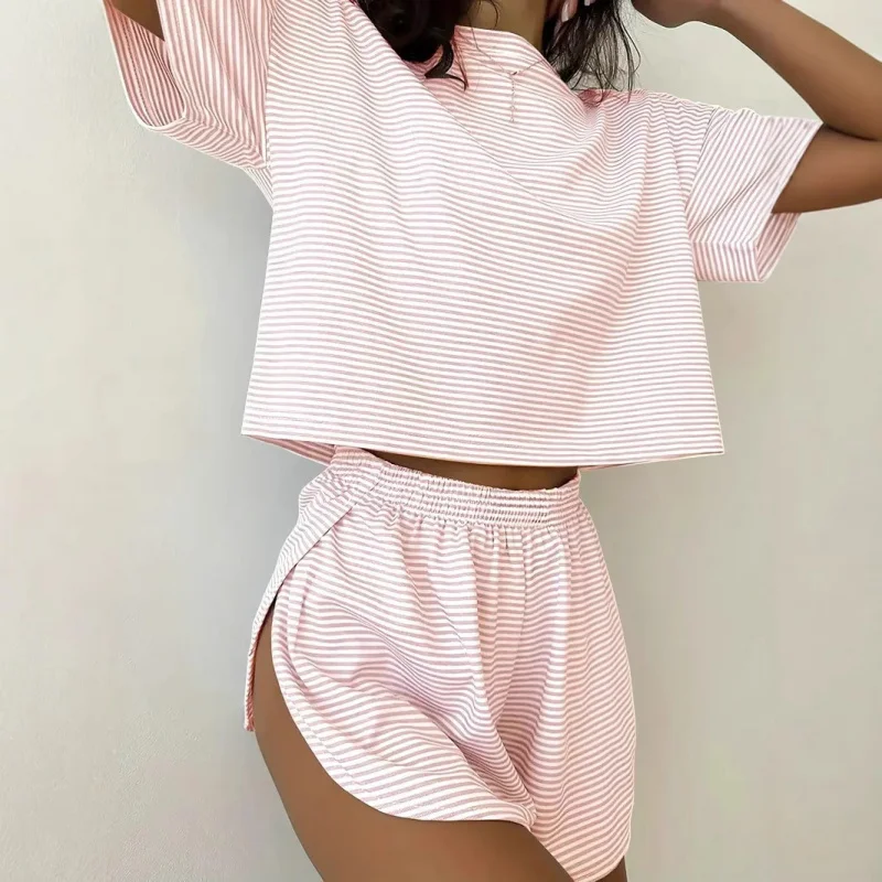 SURI women's striped pajama set summer short sleeved T-shirt and shorts 2-piece set home wear casual loose round neck pajama
SURI women's striped pajama set summer short sleeved T-shirt and shorts 2-piece set home wear casual loose round neck pajama