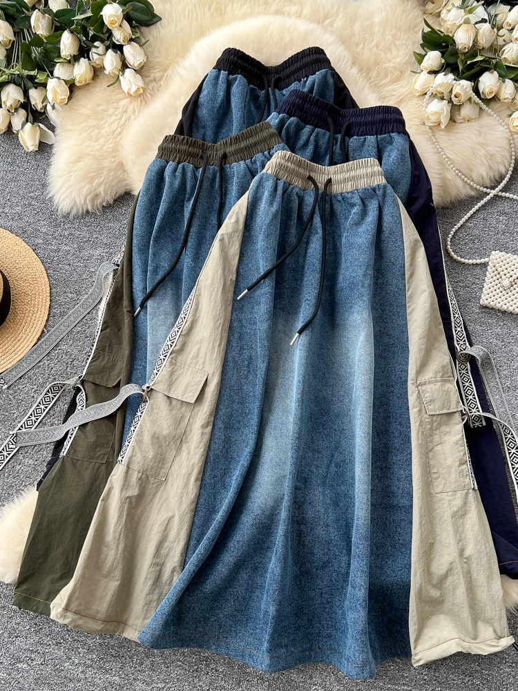 Korean Style Color Block Denim Half Skirt Women's Elastic Waist Slimming Belted Versatile A-Line Long Skirt City Commute
Korean Style Color Block Denim Half Skirt Women's Elastic Waist Slimming Belted Versatile A-Line Long Skirt City Commute