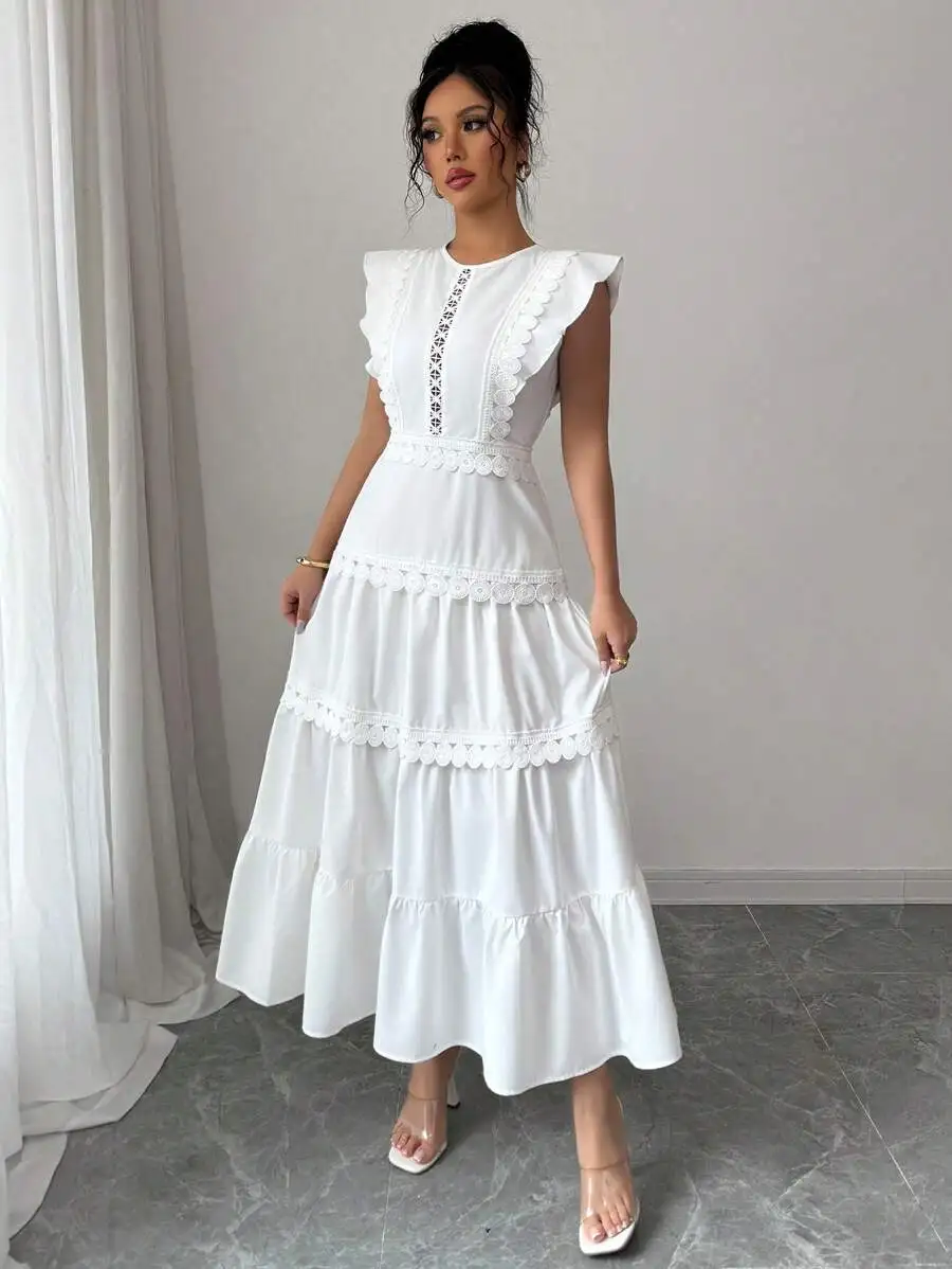 White Round-Neck Sleeveless Midi Dress With Tiered Flowy Skirt, Vertical Geometric Lace Insert And Delicate Water-Soluble
White Round-Neck Sleeveless Midi Dress With Tiered Flowy Skirt, Vertical Geometric Lace Insert And Delicate Water-Soluble
