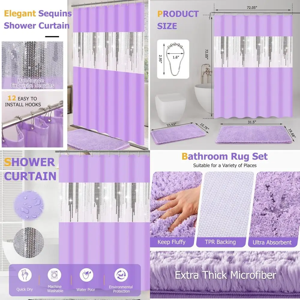 Фиолетовый блестящий водонепроницаемый набор занавесок для душа с нескользящими ковриками для декора ванной комнаты в отеле
Фиолетовый блестящий водонепроницаемый набор занавесок для душа с нескользящими ковриками для декора ванной комнаты в отеле