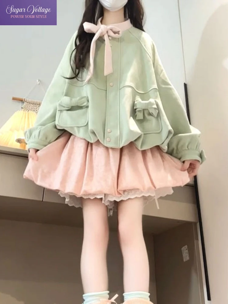 Japanese Fashion Sweet Bow Contrast Lace Two Piece Set Women Autumn Winter Green Jacket + Pink Pleated Skirt Cute Casual Outfit
Japanese Fashion Sweet Bow Contrast Lace Two Piece Set Women Autumn Winter Green Jacket + Pink Pleated Skirt Cute Casual Outfit