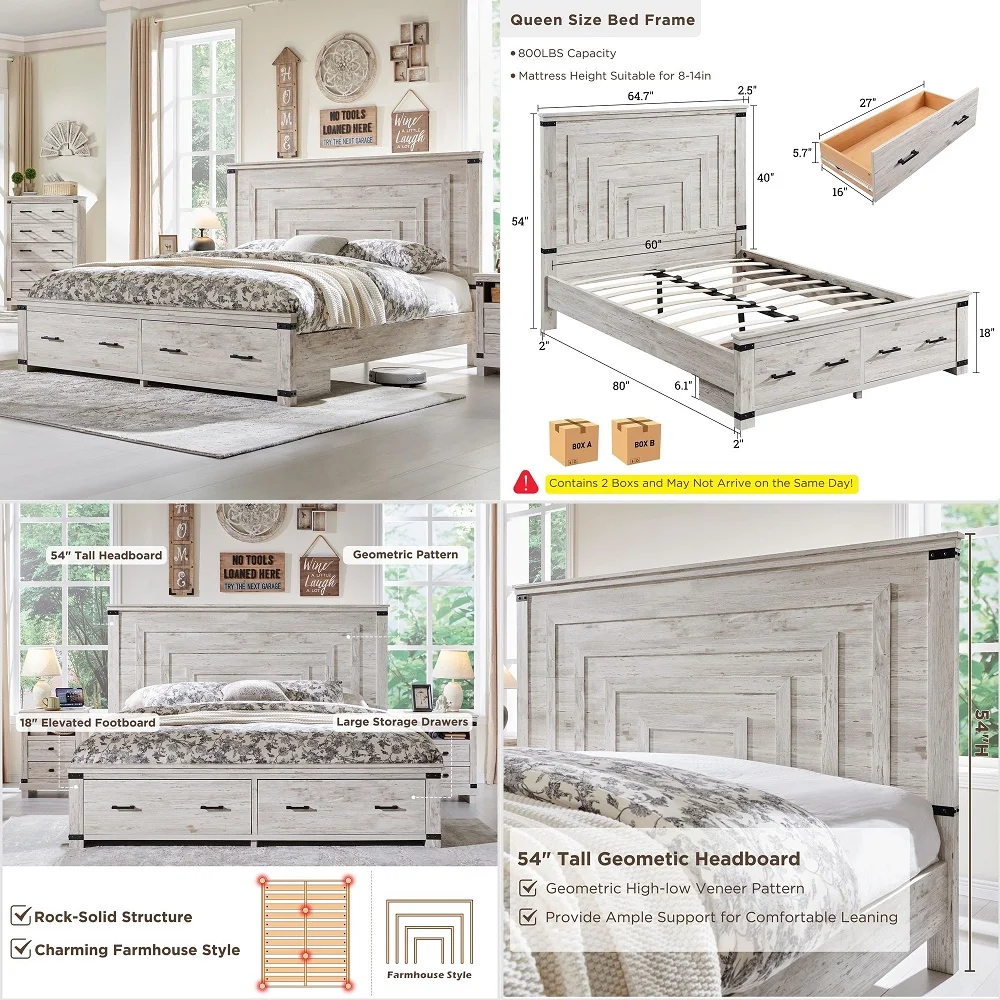Farmhouse Queen Size Bed Frame w 54 Tall Geometric Headboard, Rustic Wood Platform Bed w 2 Large Storage Drawers, Wood Slats Su
Farmhouse Queen Size Bed Frame w 54 Tall Geometric Headboard, Rustic Wood Platform Bed w 2 Large Storage Drawers, Wood Slats Su
