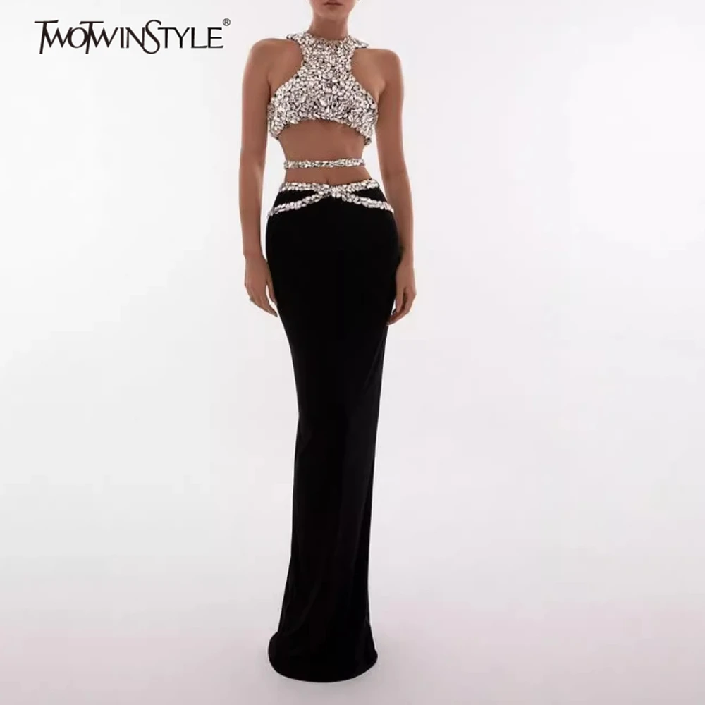 TWOTWINSTYLE Fashion Two Piece Set for Women Patchwork Diamonds Slimming Vest High Waist Split Midi Skirt Sets Female Clothing
TWOTWINSTYLE Fashion Two Piece Set for Women Patchwork Diamonds Slimming Vest High Waist Split Midi Skirt Sets Female Clothing