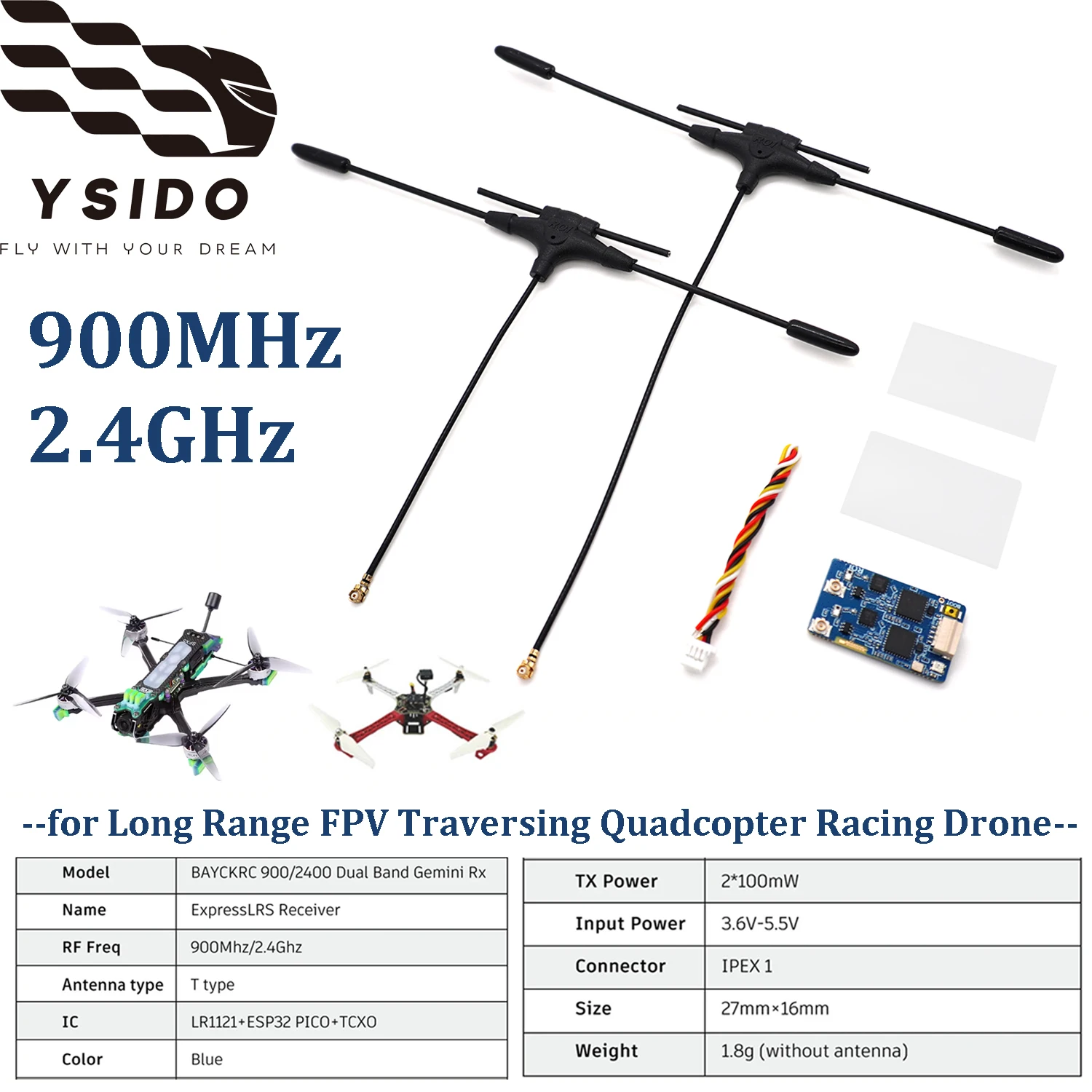YSIDO 900MHz 2.4GHz ExpressLRS Dual Band Gemini Receiver T type Dual Antenna for Long Range FPV Traversing Quadcopter Drone DIY
YSIDO 900MHz 2.4GHz ExpressLRS Dual Band Gemini Receiver T type Dual Antenna for Long Range FPV Traversing Quadcopter Drone DIY