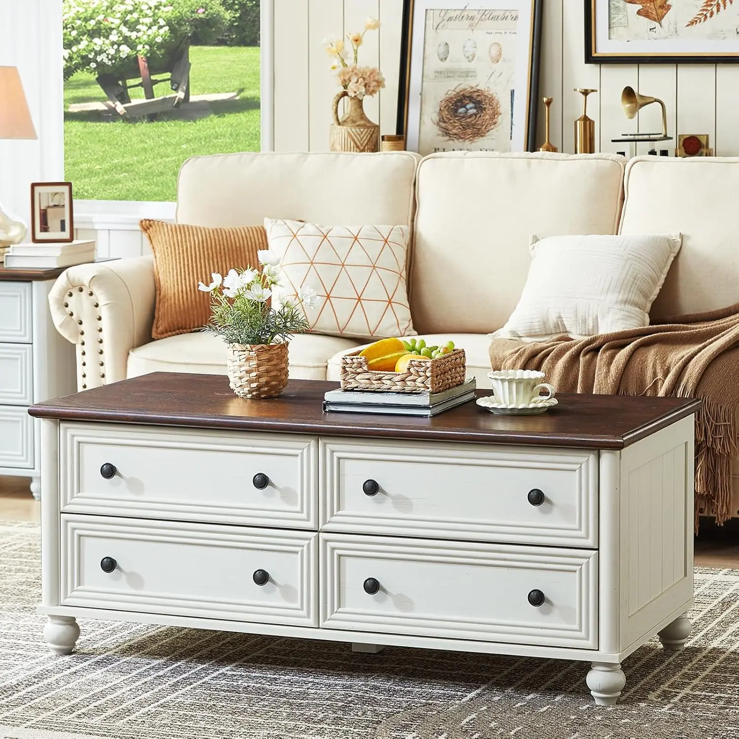 48" Farmhouse Coffee Table with Hidden Storage,Wooden Coffee Tables with 4 Drawers & Roman Column Handle,Rectangular Rustic Cent
48" Farmhouse Coffee Table with Hidden Storage,Wooden Coffee Tables with 4 Drawers & Roman Column Handle,Rectangular Rustic Cent