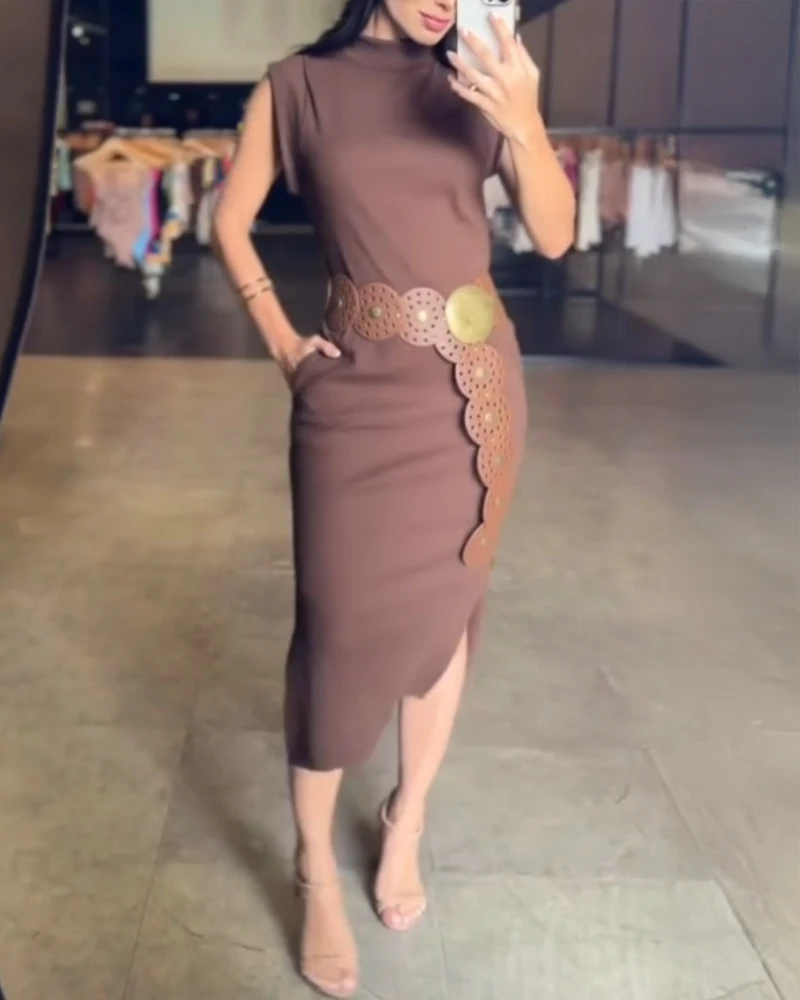 Women Dresses Temperament Commuting Female Fashion Dresses Summer New High Neck Sleeveless Side Slit Dress with Pocket with Belt
Women Dresses Temperament Commuting Female Fashion Dresses Summer New High Neck Sleeveless Side Slit Dress with Pocket with Belt