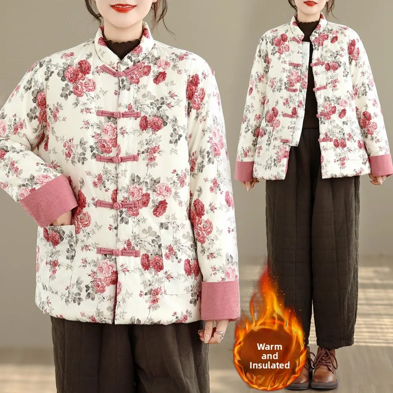 New Chinese Style Women's Thickened Cotton Jacket with Button Collar Floral Print Winter Outerwear Long Sleeve Stand Collar
New Chinese Style Women's Thickened Cotton Jacket with Button Collar Floral Print Winter Outerwear Long Sleeve Stand Collar