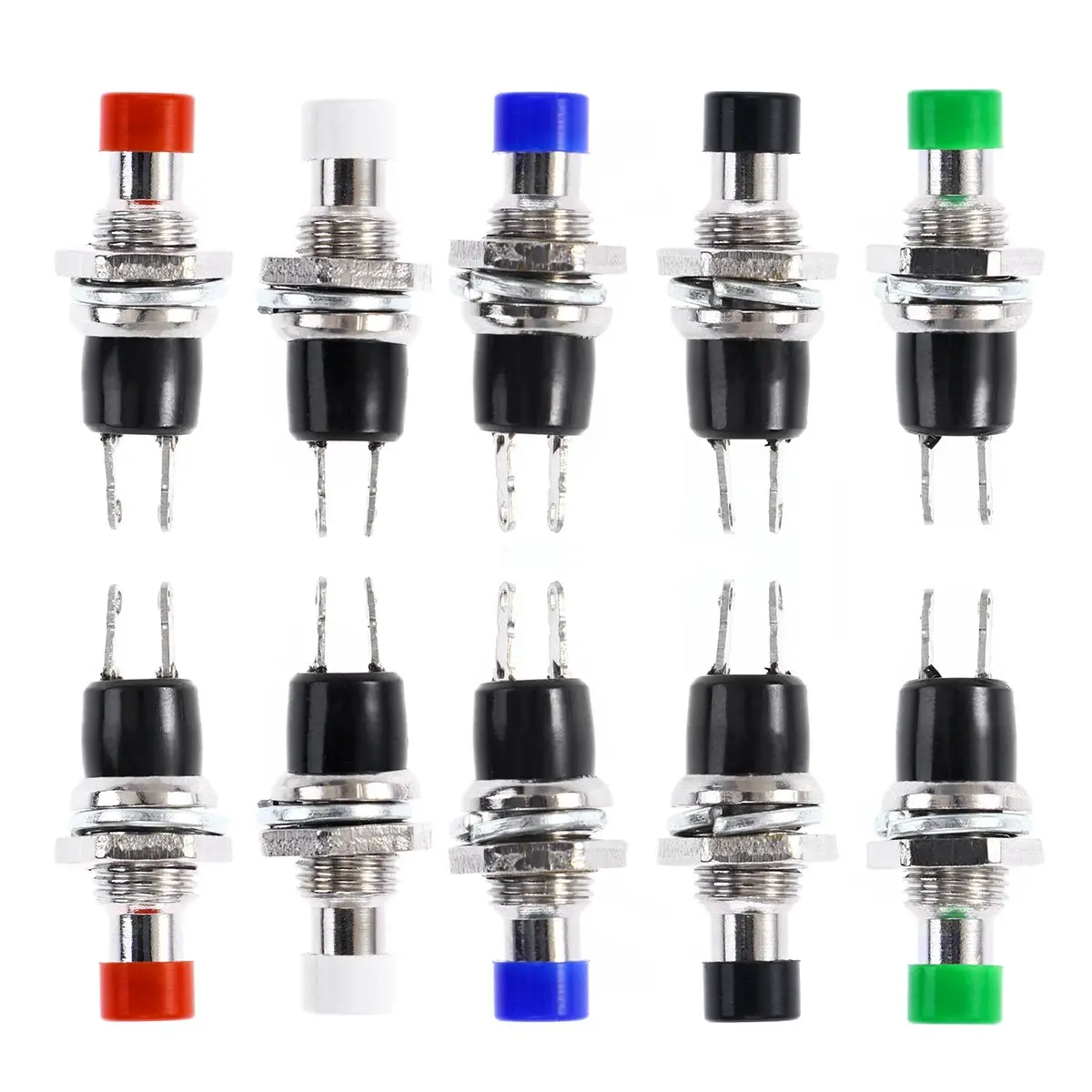 12Pcs 7MM Mounting Hole 1A 250V OFF/ON Thread SPST Momentary Latching Mini Push Button (Red, Green, Yellow, Blue, White, Black)
12Pcs 7MM Mounting Hole 1A 250V OFF/ON Thread SPST Momentary Latching Mini Push Button (Red, Green, Yellow, Blue, White, Black)
