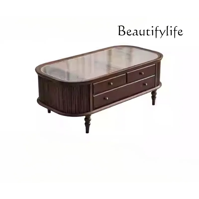French retro coffee table American solid wood oval tempered glass home living room rock slab
French retro coffee table American solid wood oval tempered glass home living room rock slab