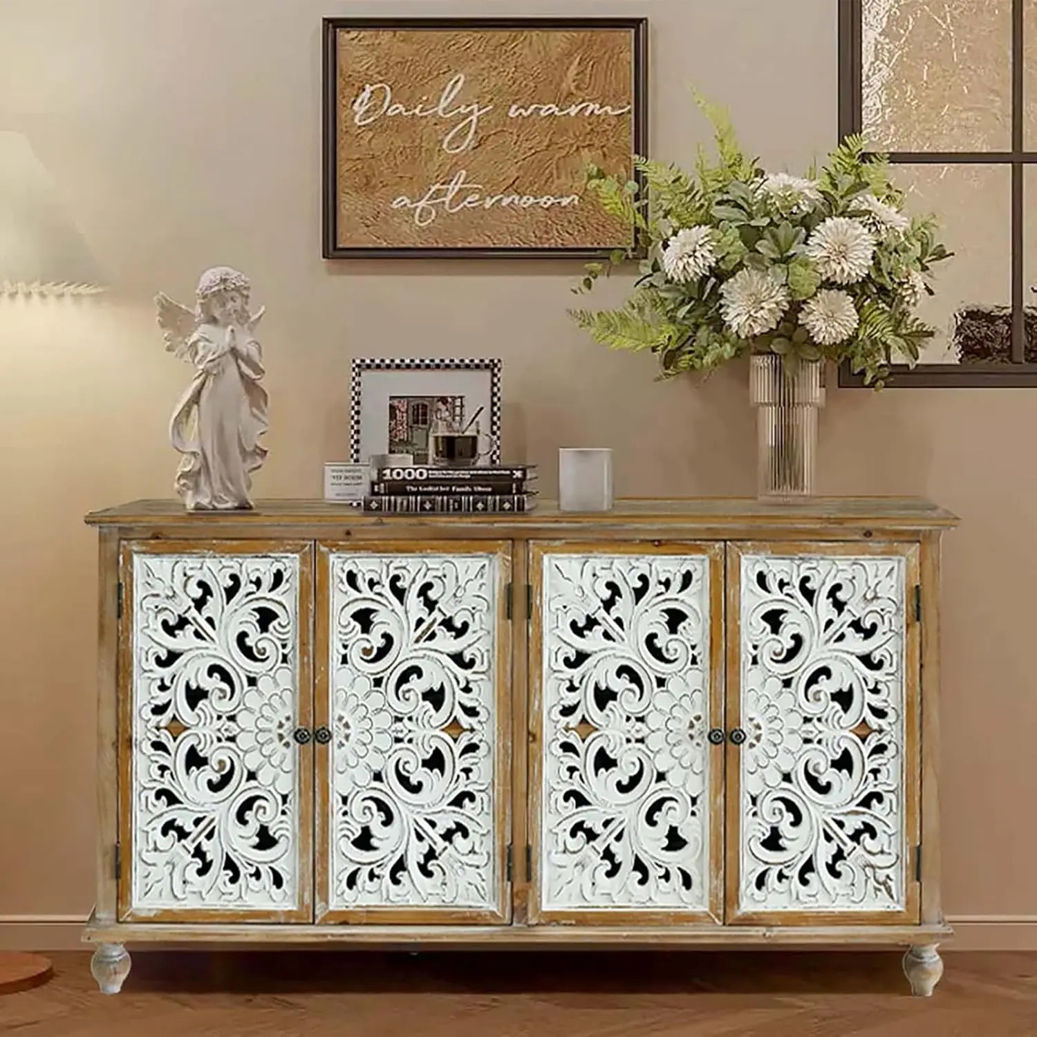 Accent Cabinet with 4 Doors, Hollow Carved Storage Sideboard, Wood Buffet Cabinet\(4-Door 2 Compartment)
Accent Cabinet with 4 Doors, Hollow Carved Storage Sideboard, Wood Buffet Cabinet\(4-Door 2 Compartment)