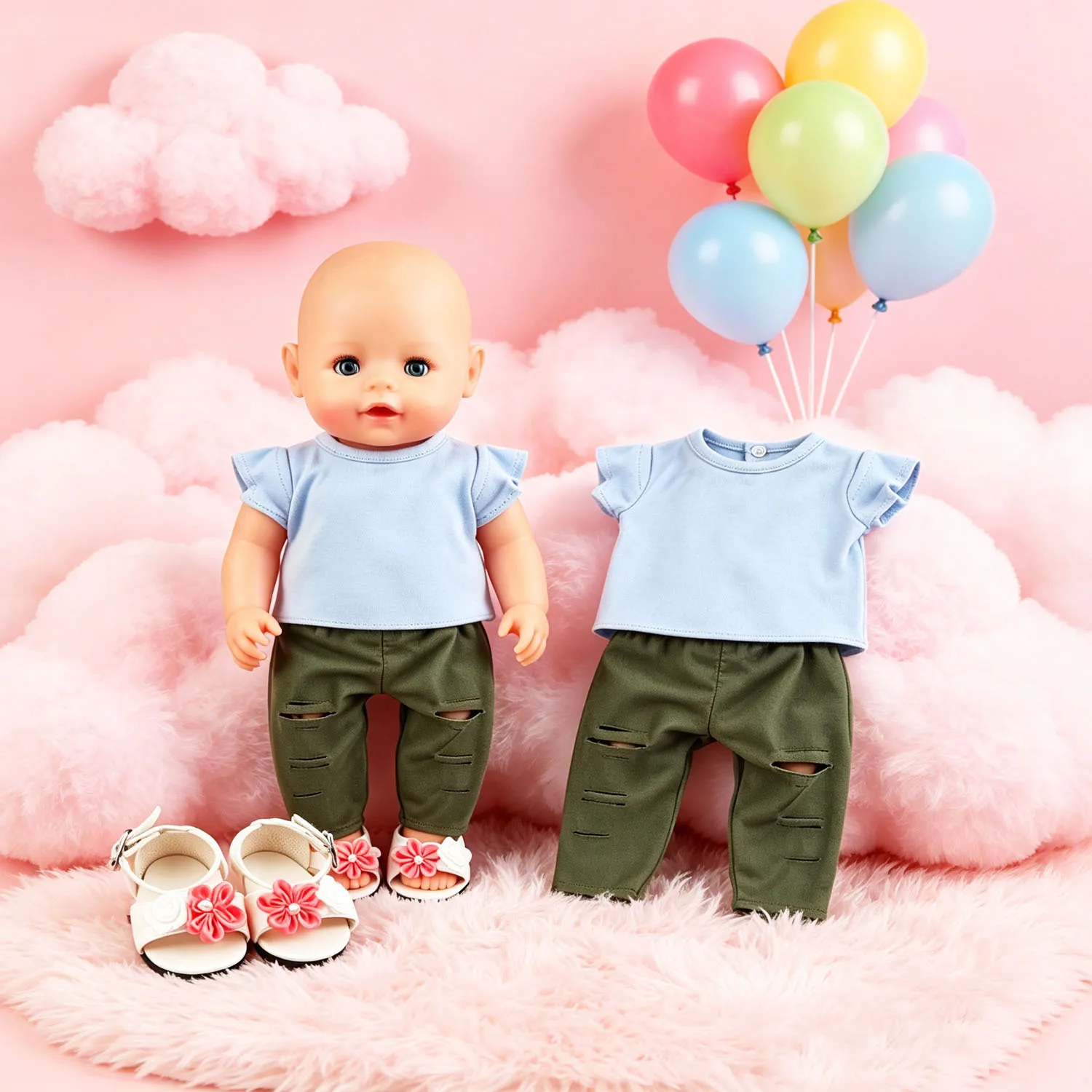 Cute Ruffle Sleeve Doll Outfit Light Blue Tee + Olive Ripped Pants Flower Sandals for 18 Inch American & 43cm Baby Newborn Dolls
Cute Ruffle Sleeve Doll Outfit Light Blue Tee + Olive Ripped Pants Flower Sandals for 18 Inch American & 43cm Baby Newborn Dolls